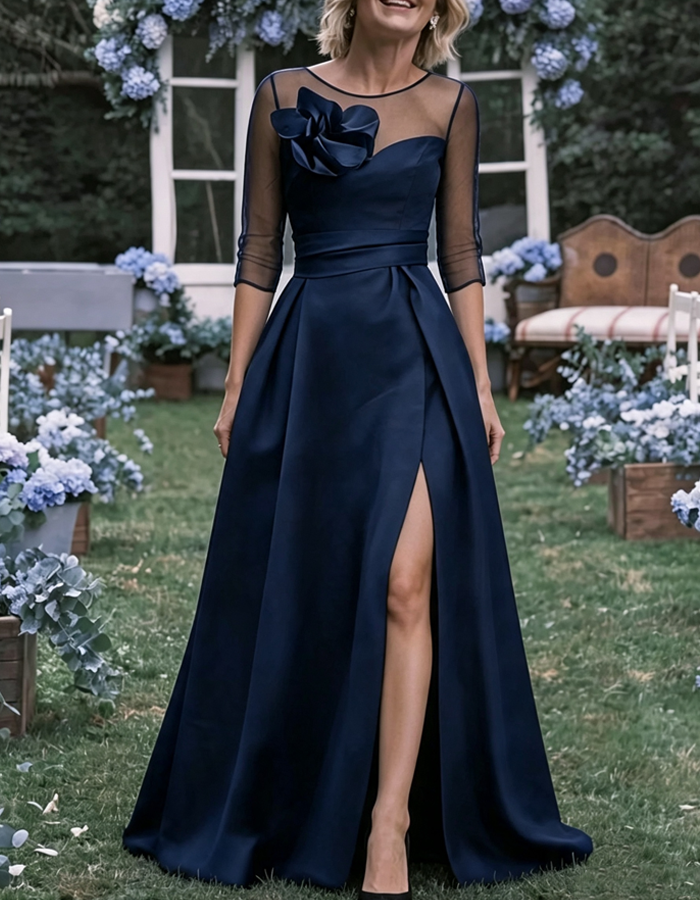Elegant Tulle Round Neck With 3D Floral Satin A-line Maxi Dress