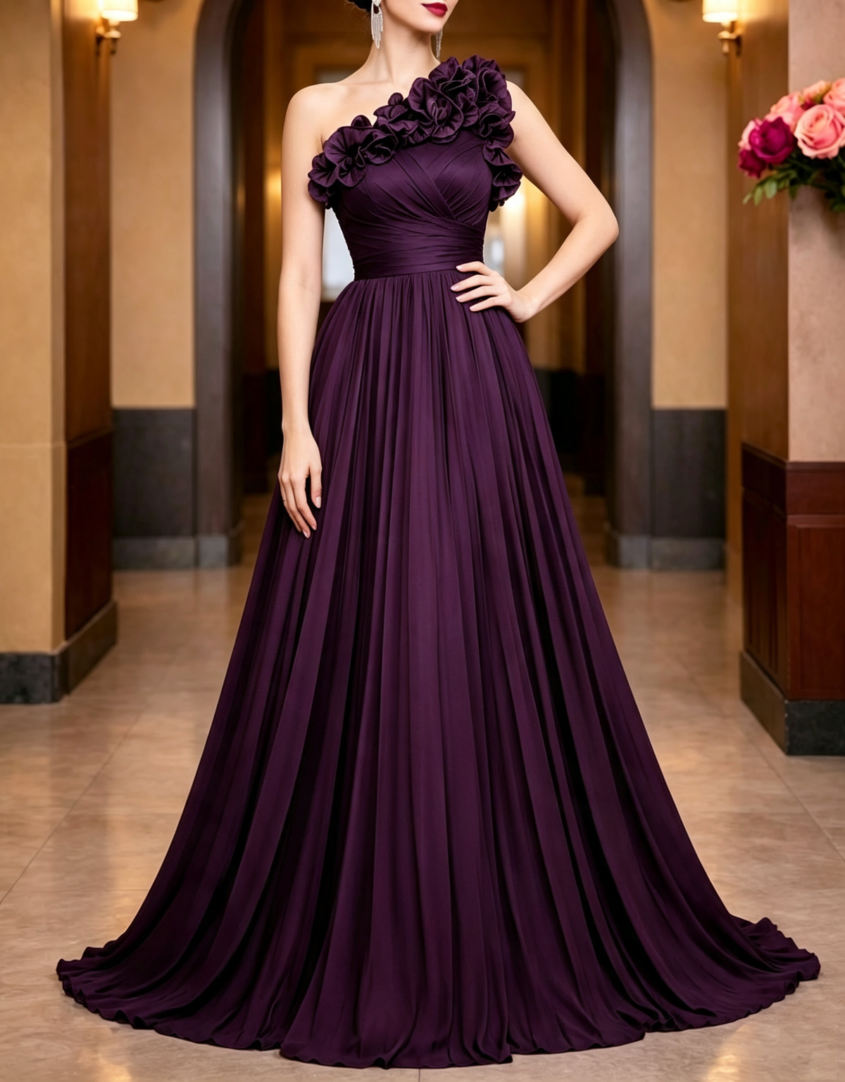 One‑Shoulder Ruffle Chiffon A‑Line Evening Maxi Dress