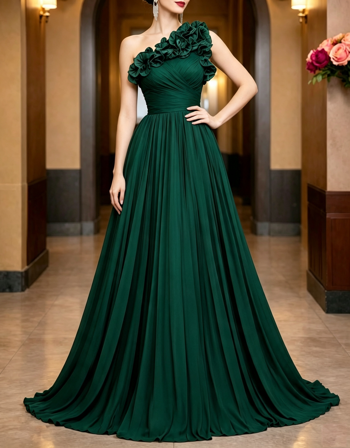 One‑Shoulder Ruffle Chiffon A‑Line Evening Maxi Dress
