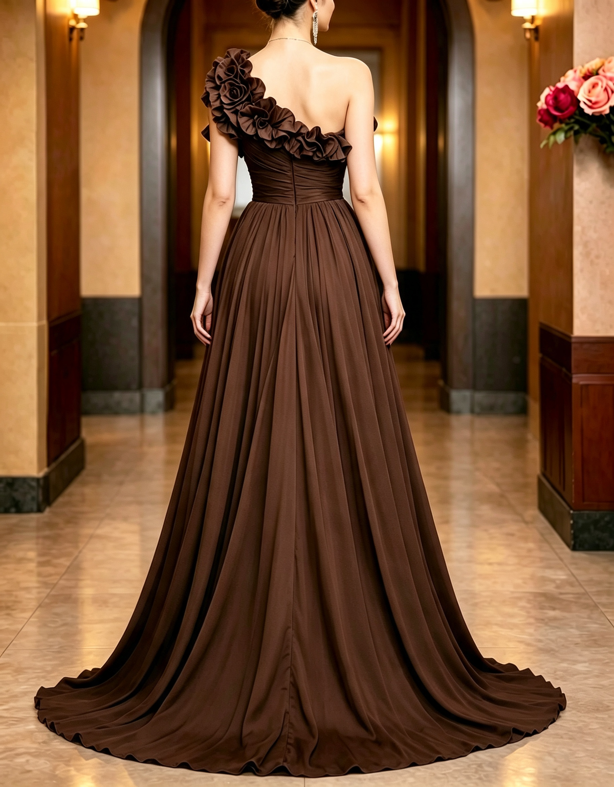 One‑Shoulder Ruffle Chiffon A‑Line Evening Maxi Dress