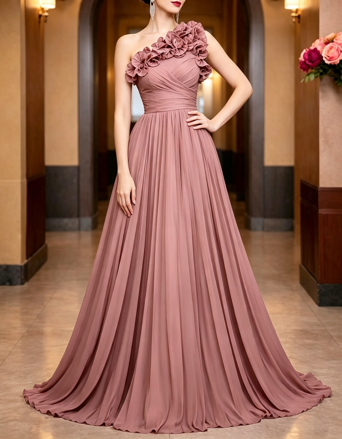 One‑Shoulder Ruffle Chiffon A‑Line Evening Maxi Dress