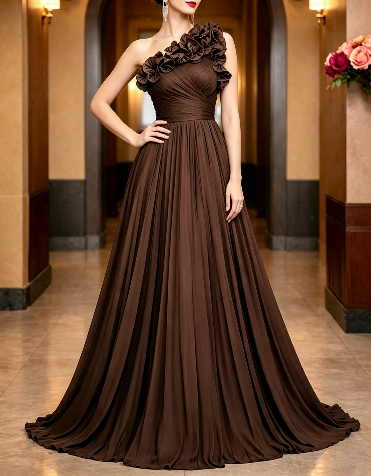 One‑Shoulder Ruffle Chiffon A‑Line Evening Maxi Dress