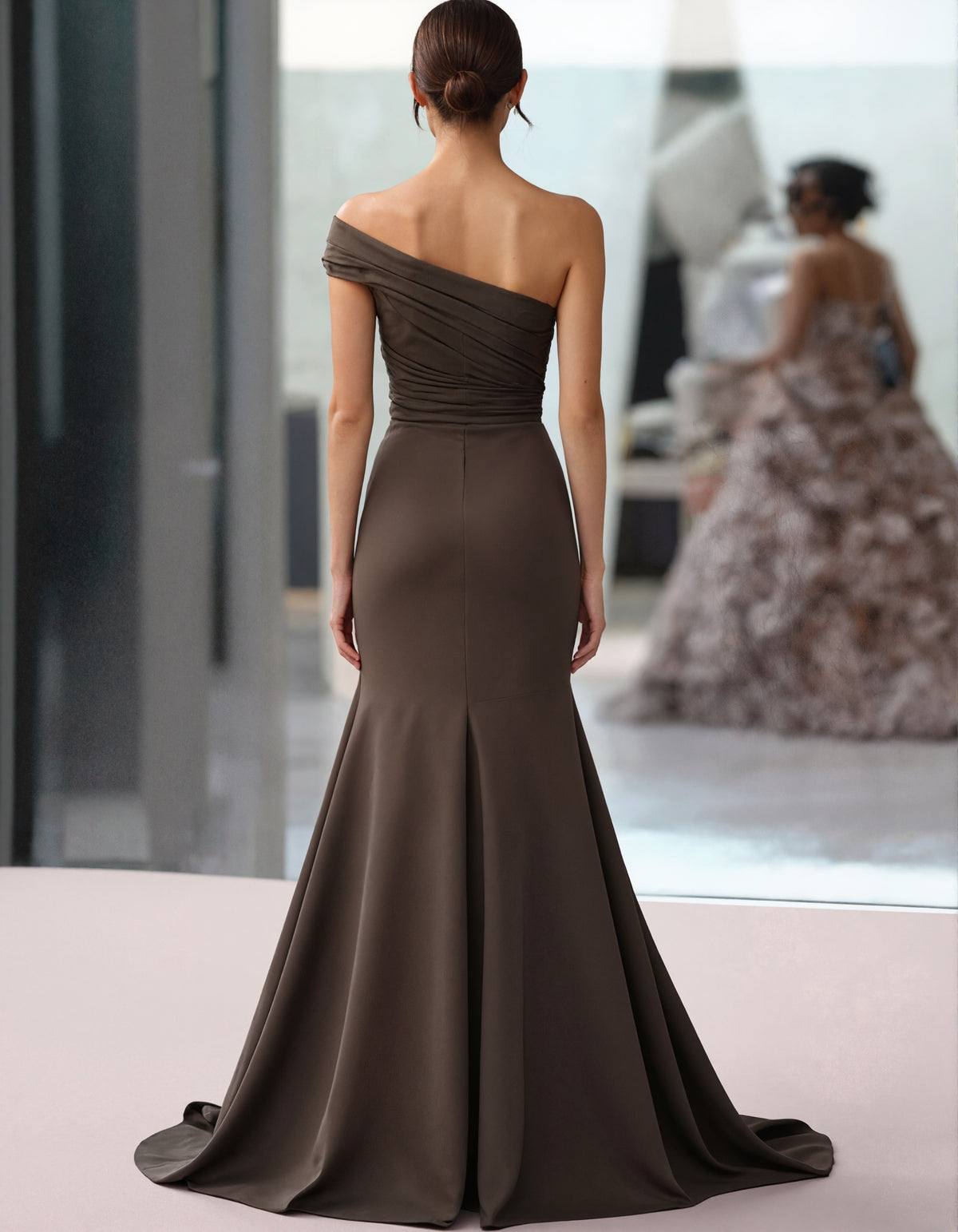 Solid Color Satin One Shoulder Pleated Fishtail Train Maxi Dress