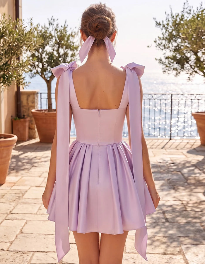 Lavender Satin Double Bow Halter Square Neck Mini Dress