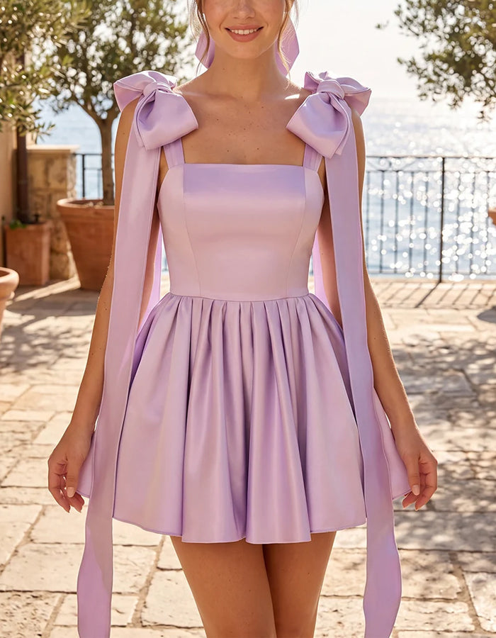 Lavender Satin Double Bow Halter Square Neck Mini Dress