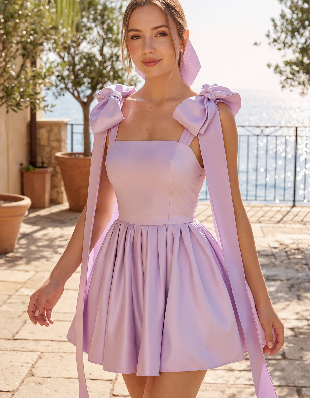 Lavender Satin Double Bow Halter Square Neck Mini Dress