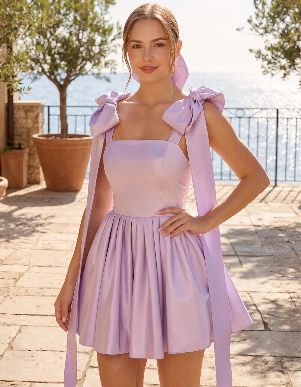 Lavender Satin Double Bow Halter Square Neck Mini Dress