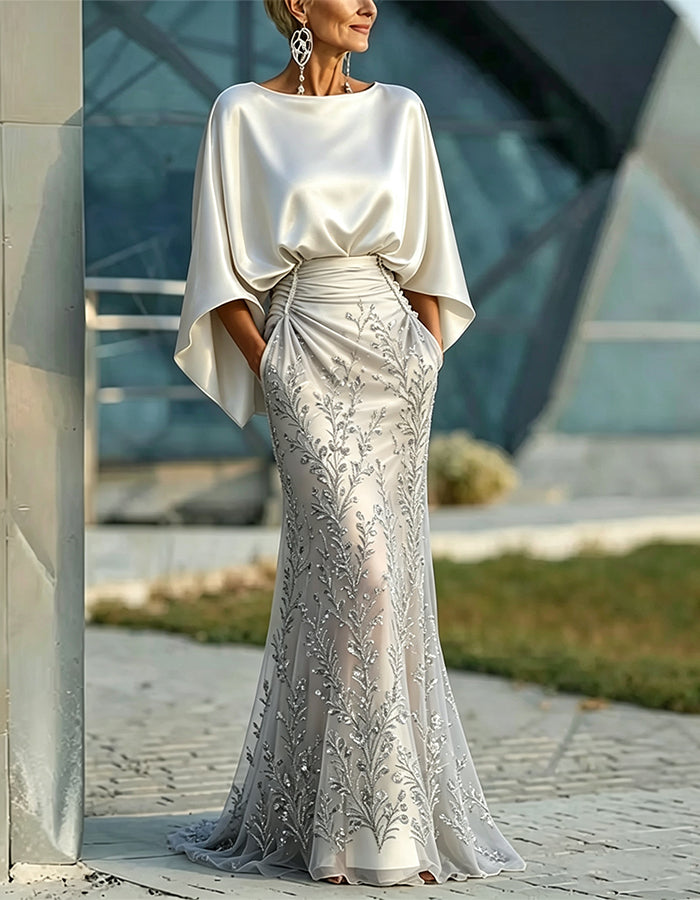 White Shawl Sleeves With Silver Sequined Mermaid Design Maxi Dress