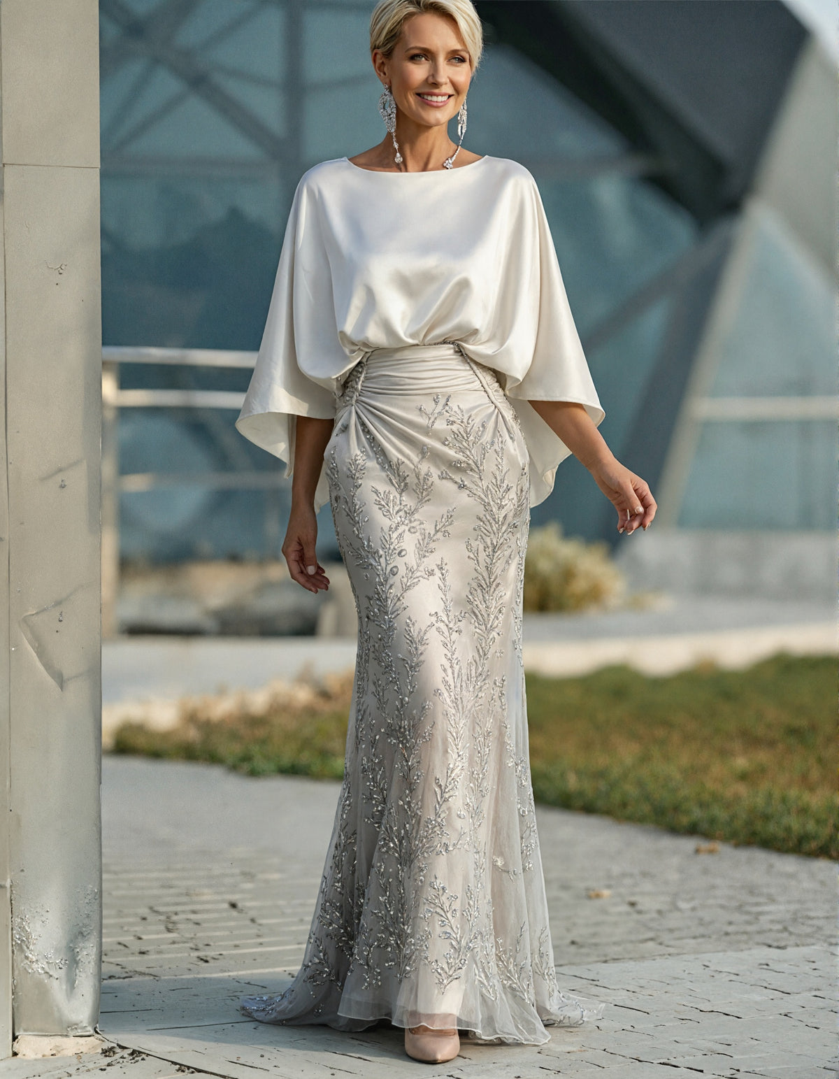 White Shawl Sleeves With Silver Sequined Mermaid Design Maxi Dress