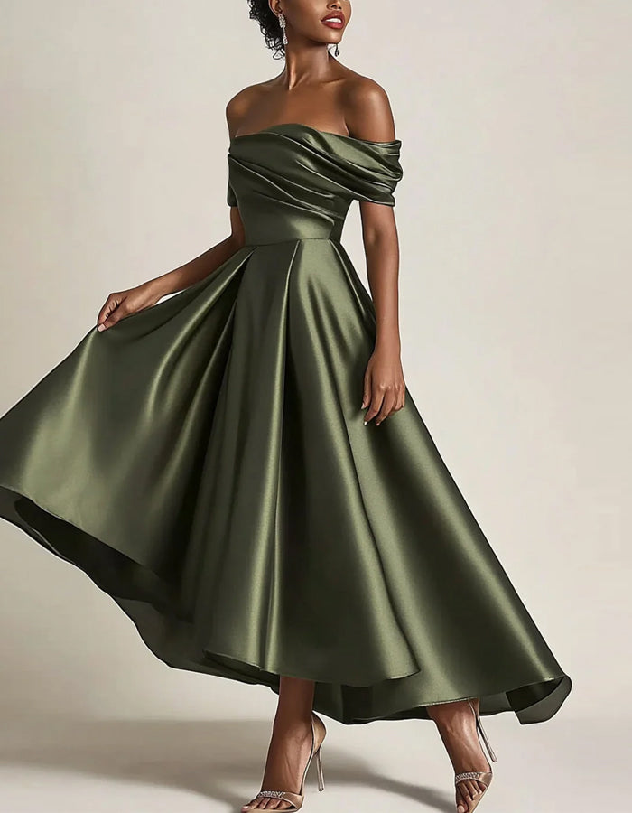 Olive Green Off Shoulder Satin Pleated Hem Maxi Dress