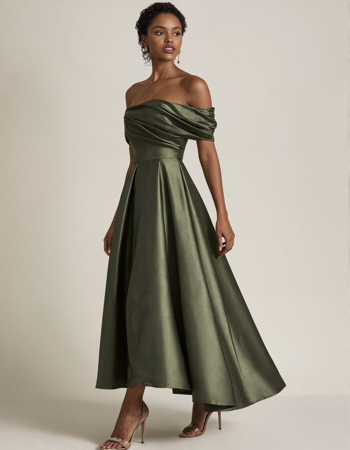 Olive Green Off Shoulder Satin Pleated Hem Maxi Dress