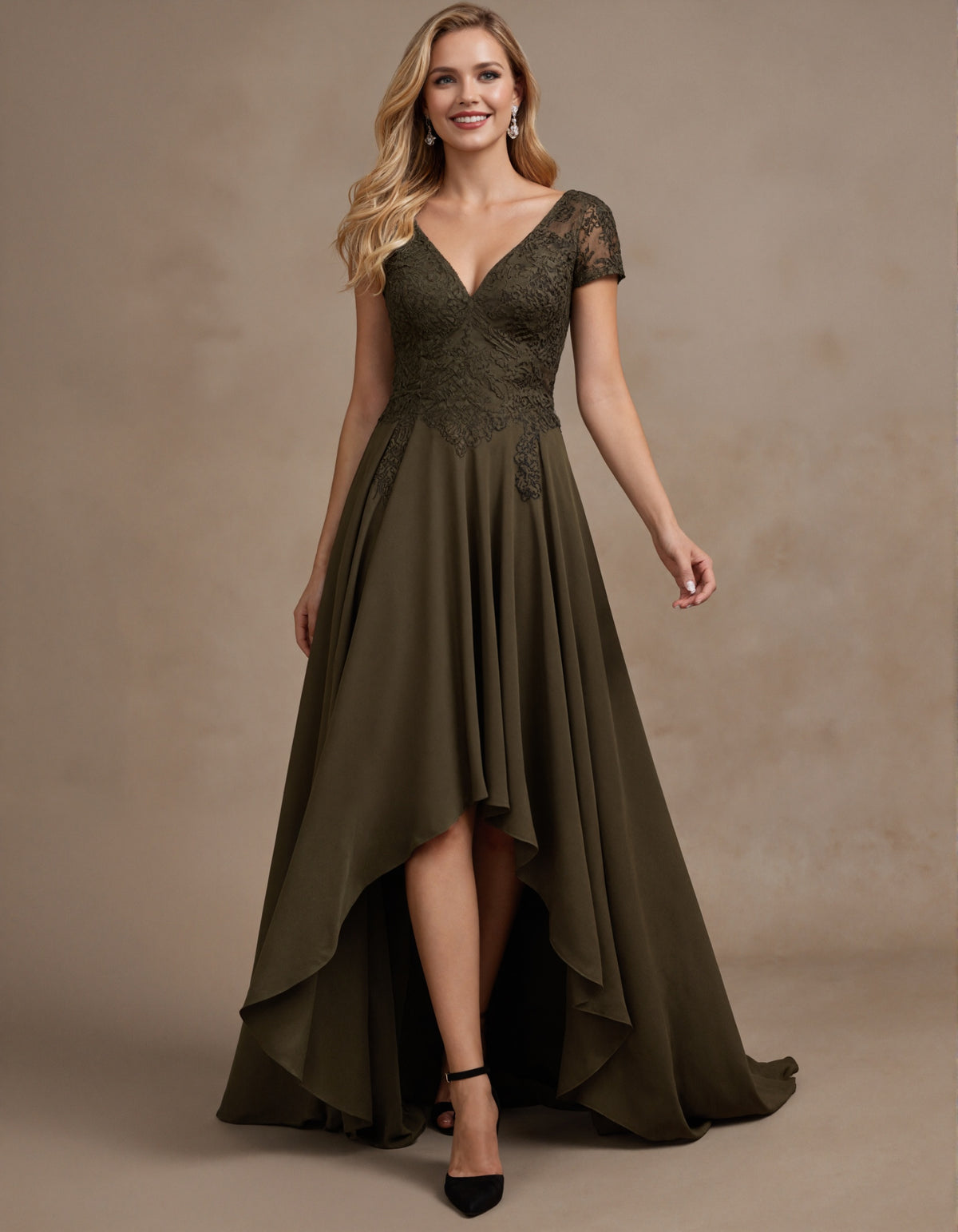 Olive Green V-Neck Short Sleeved Lace Chiffon Dress With Varying Hemline Maxi Dress