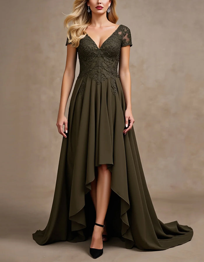 Olive Green V-Neck Short Sleeved Lace Chiffon Dress With Varying Hemline Maxi Dress