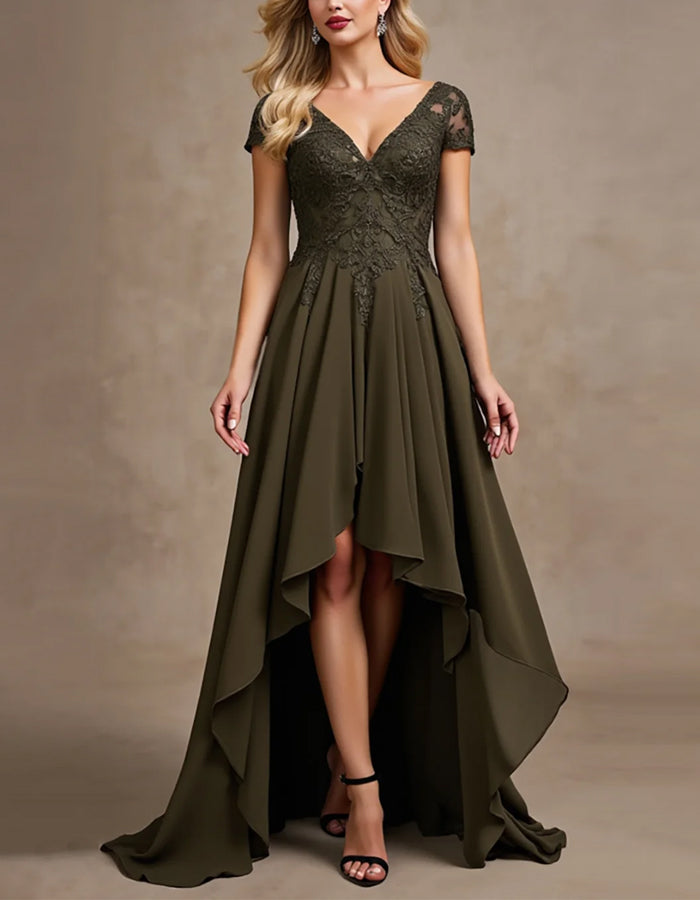 Olive Green V-Neck Short Sleeved Lace Chiffon Dress With Varying Hemline Maxi Dress
