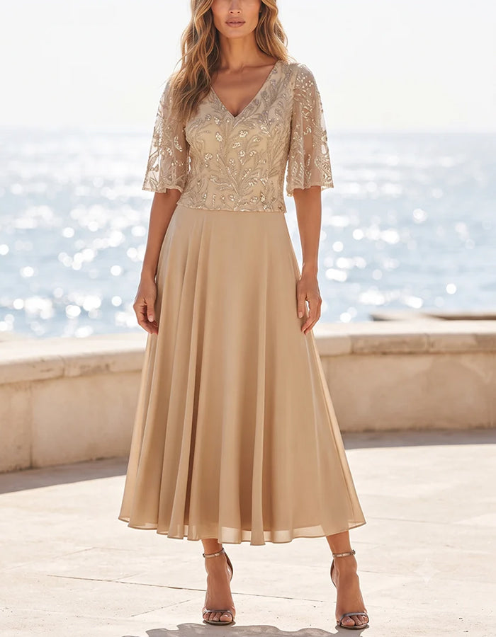 Champagne Colored V-Neck Ruffled Sleeve Sequined Chiffon Maxi Dress