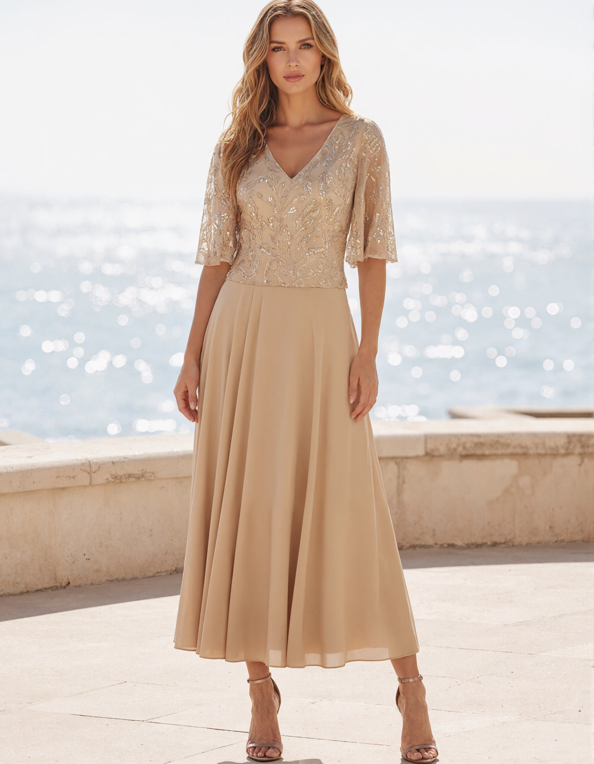Champagne Colored V-Neck Ruffled Sleeve Sequined Chiffon Maxi Dress