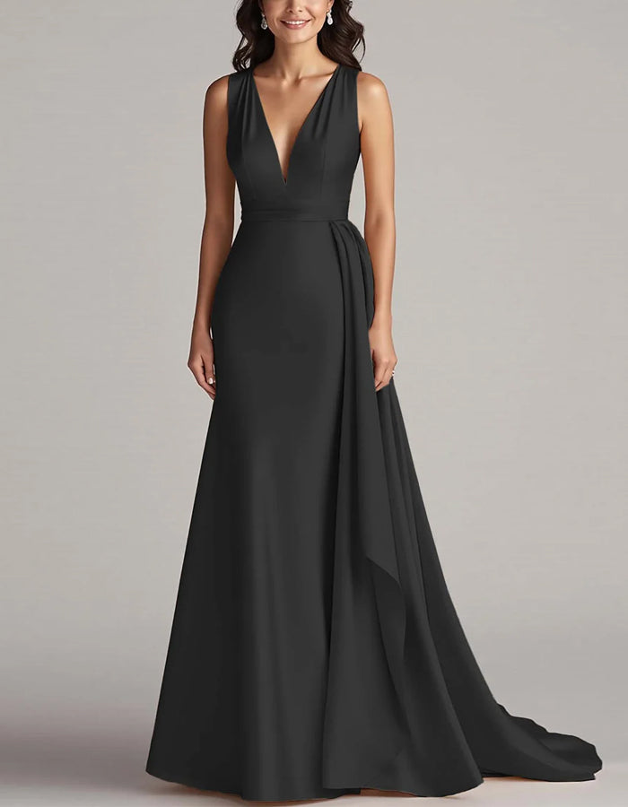 Solid Color Sleeveless Deep V-Neck Satin Maxi Dress