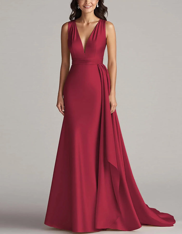 Solid Color Sleeveless Deep V-Neck Satin Maxi Dress