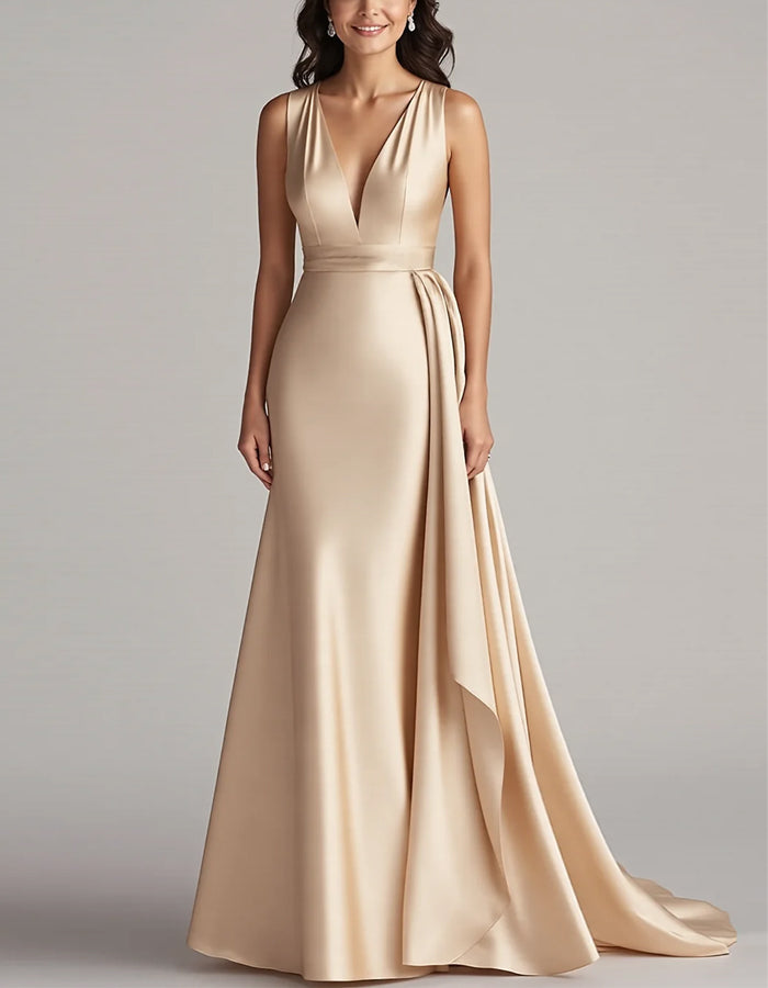 Solid Color Sleeveless Deep V-Neck Satin Maxi Dress