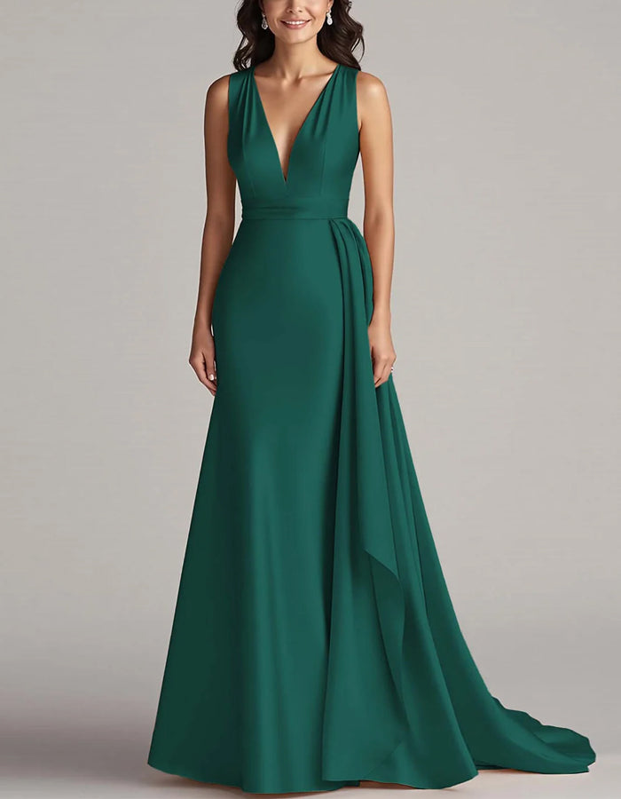 Solid Color Sleeveless Deep V-Neck Satin Maxi Dress