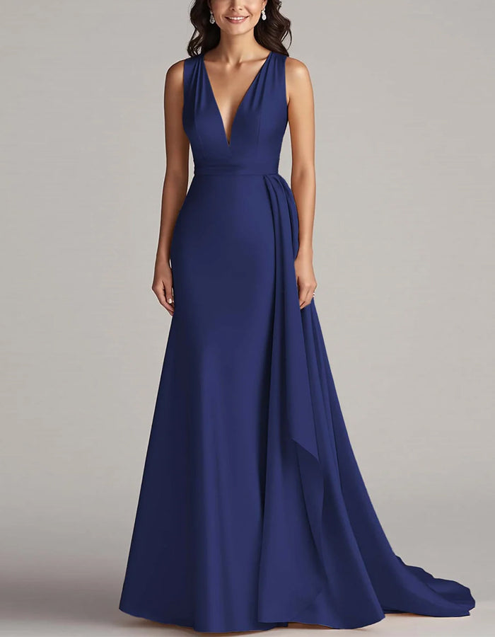 Solid Color Sleeveless Deep V-Neck Satin Maxi Dress