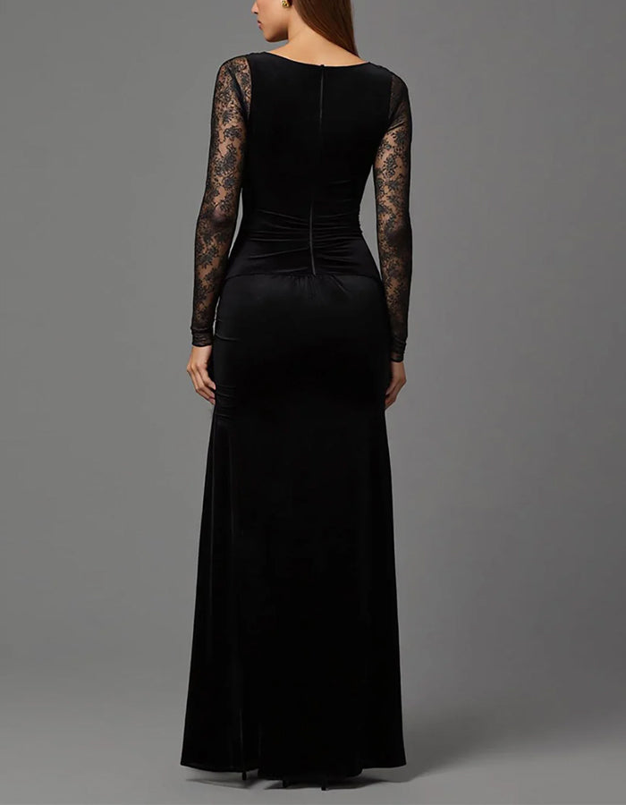 Black Lace Long Sleeved Pleated Velvet Maxi Dress