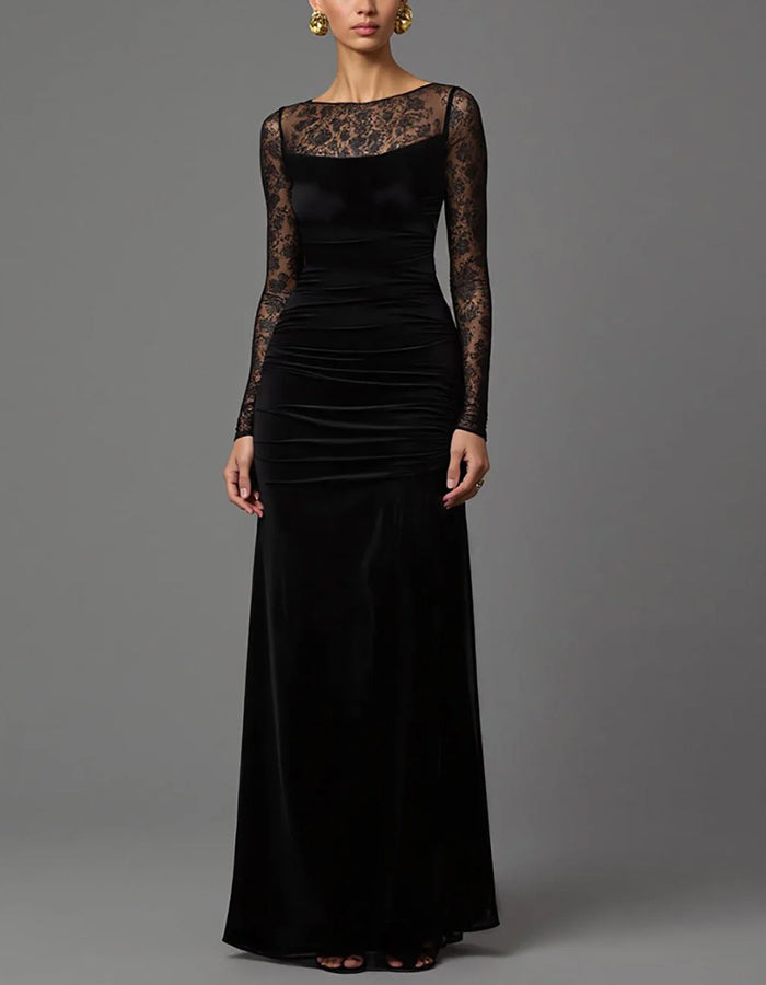Black Lace Long Sleeved Pleated Velvet Maxi Dress