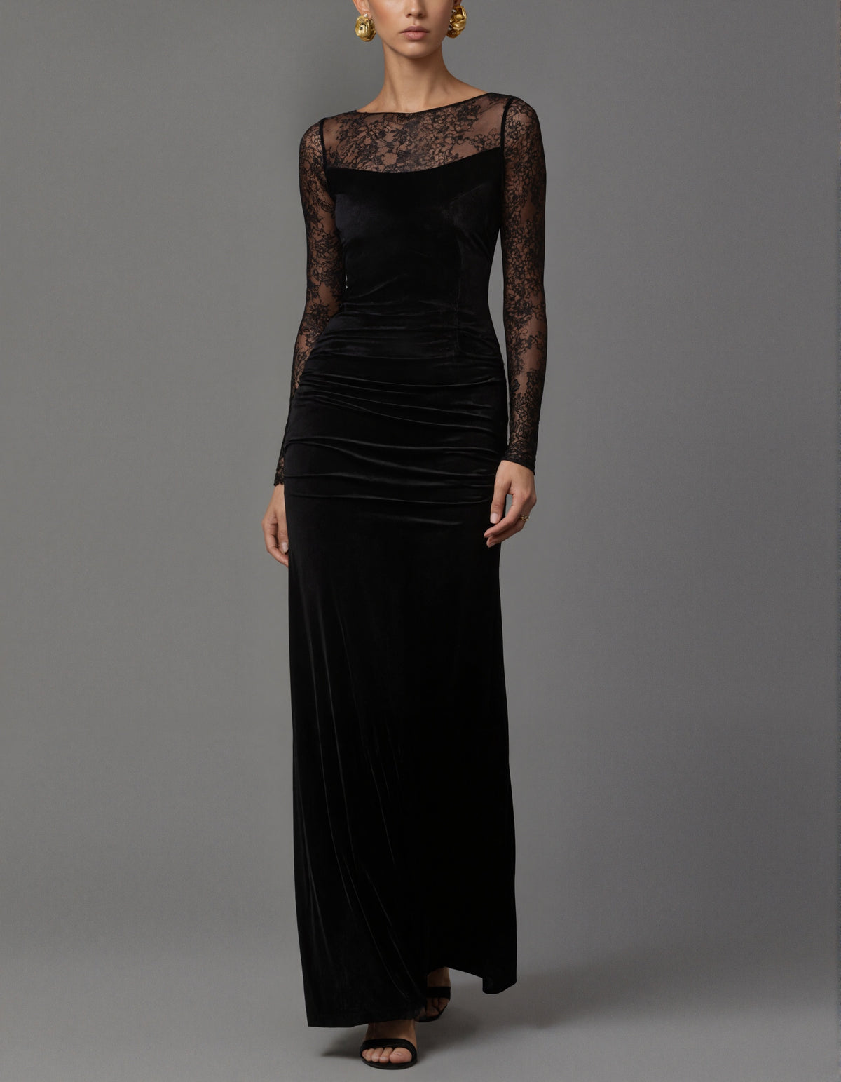 Black Lace Long Sleeved Pleated Velvet Maxi Dress