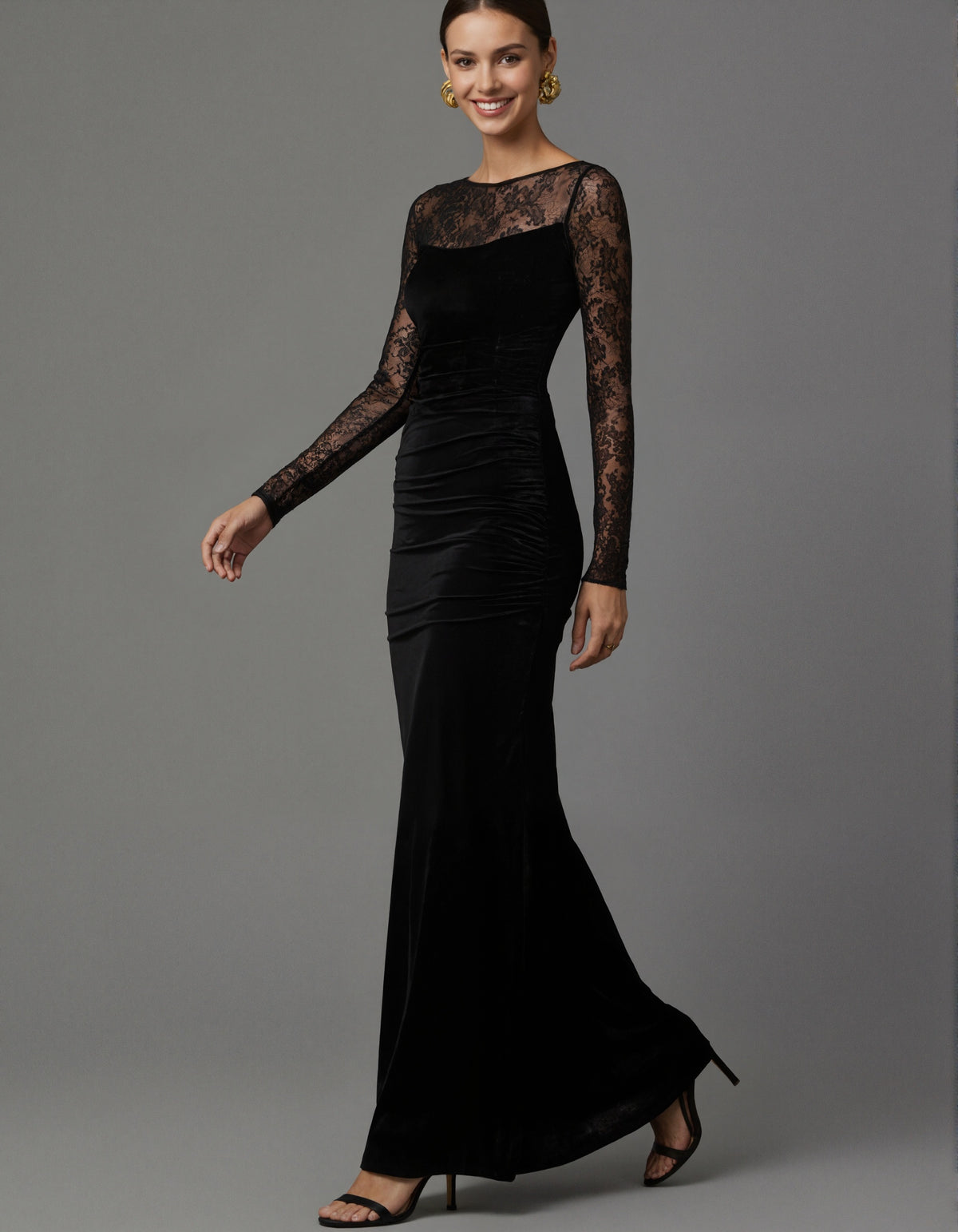Black Lace Long Sleeved Pleated Velvet Maxi Dress