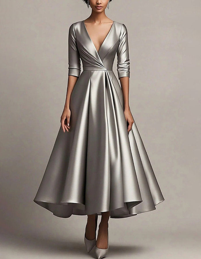 Silver Satin Deep‑V Wrap‑Bodice 3/4‑Sleeve  A‑Line Midi Dress