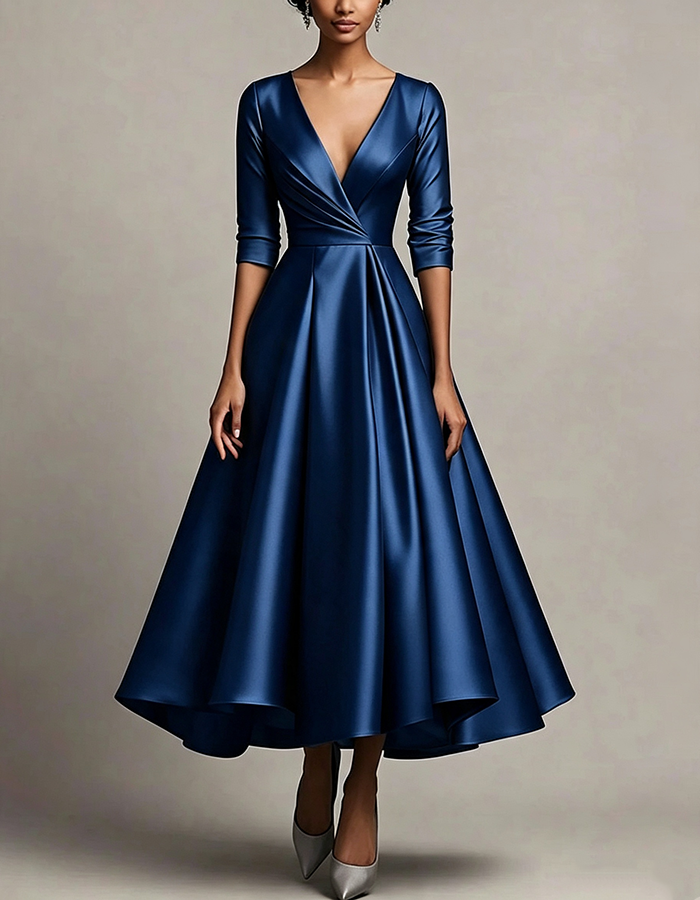 Silver Satin Deep‑V Wrap‑Bodice 3/4‑Sleeve  A‑Line Midi Dress