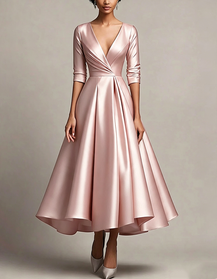 Silver Satin Deep‑V Wrap‑Bodice 3/4‑Sleeve  A‑Line Midi Dress