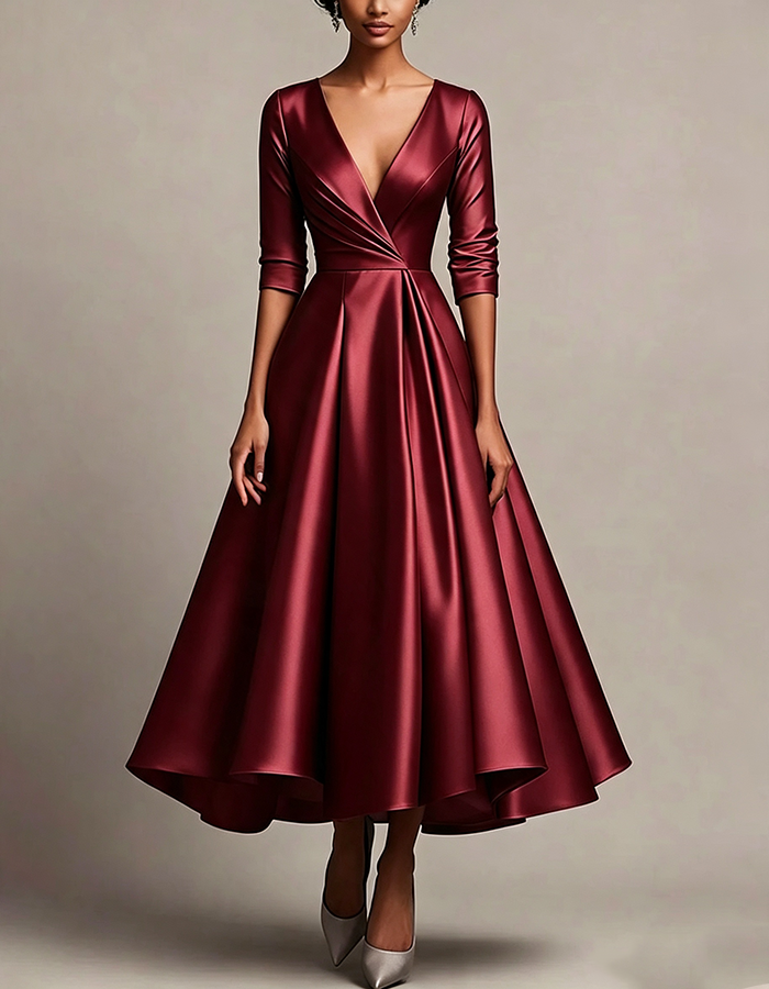 Silver Satin Deep‑V Wrap‑Bodice 3/4‑Sleeve  A‑Line Midi Dress