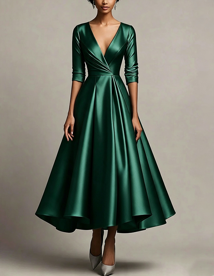 Silver Satin Deep‑V Wrap‑Bodice 3/4‑Sleeve  A‑Line Midi Dress