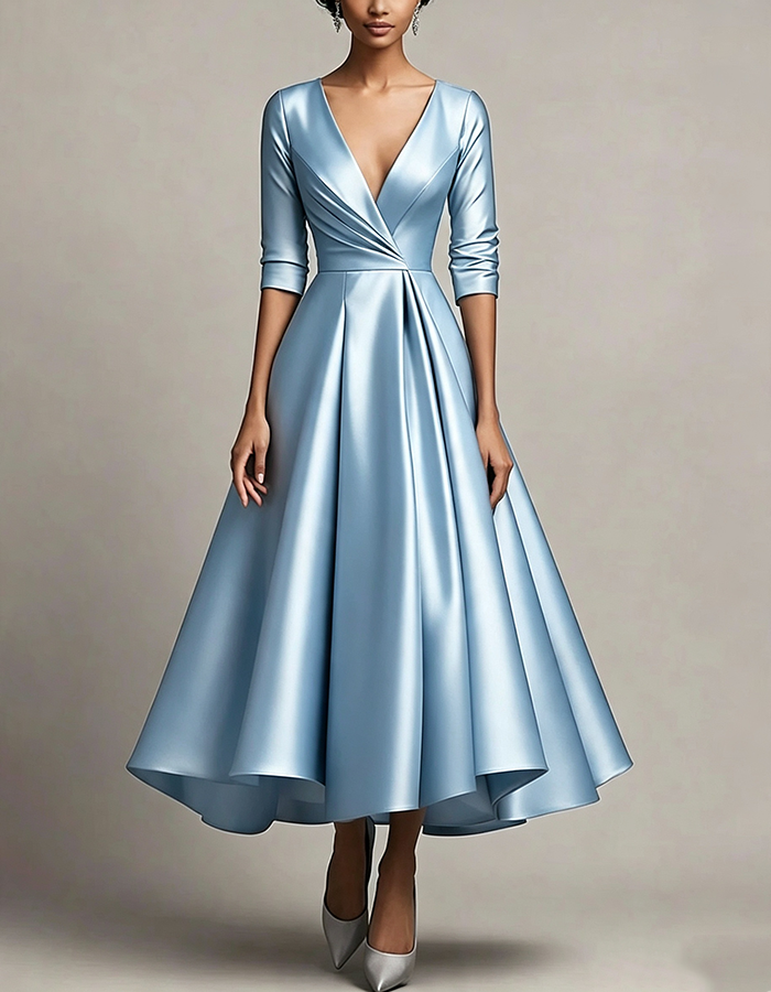 Silver Satin Deep‑V Wrap‑Bodice 3/4‑Sleeve  A‑Line Midi Dress
