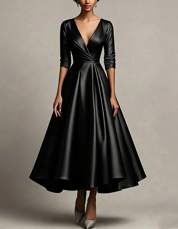 Silver Satin Deep‑V Wrap‑Bodice 3/4‑Sleeve  A‑Line Midi Dress