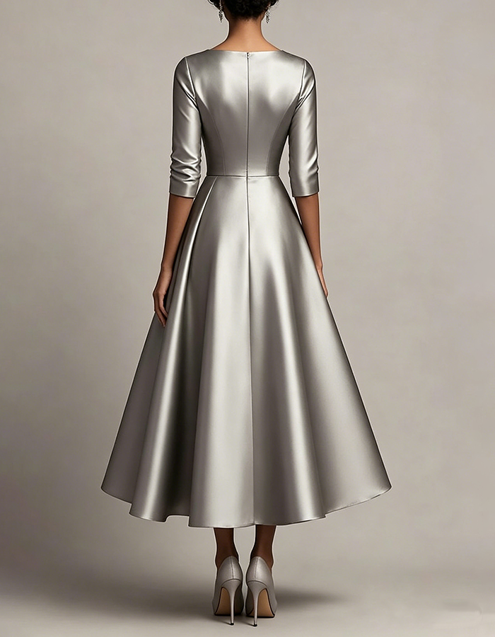 Silver Satin Deep‑V Wrap‑Bodice 3/4‑Sleeve  A‑Line Midi Dress