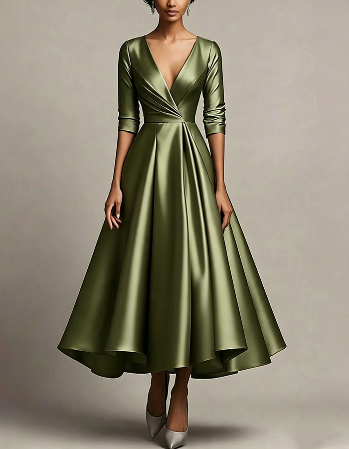 Silver Satin Deep‑V Wrap‑Bodice 3/4‑Sleeve  A‑Line Midi Dress