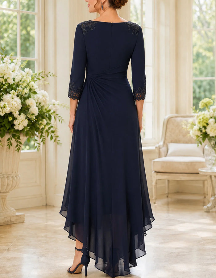 Navy Blue Lace Trim 3/4 Sleeve High Low Chiffon Maxi Dress