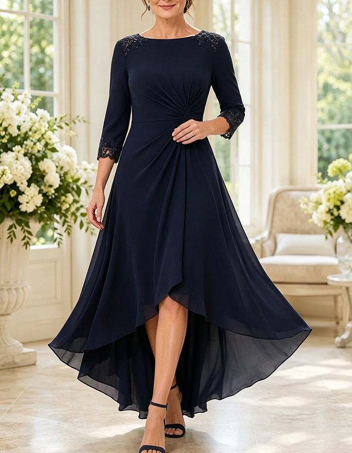 Navy Blue Lace Trim 3/4 Sleeve High Low Chiffon Maxi Dress
