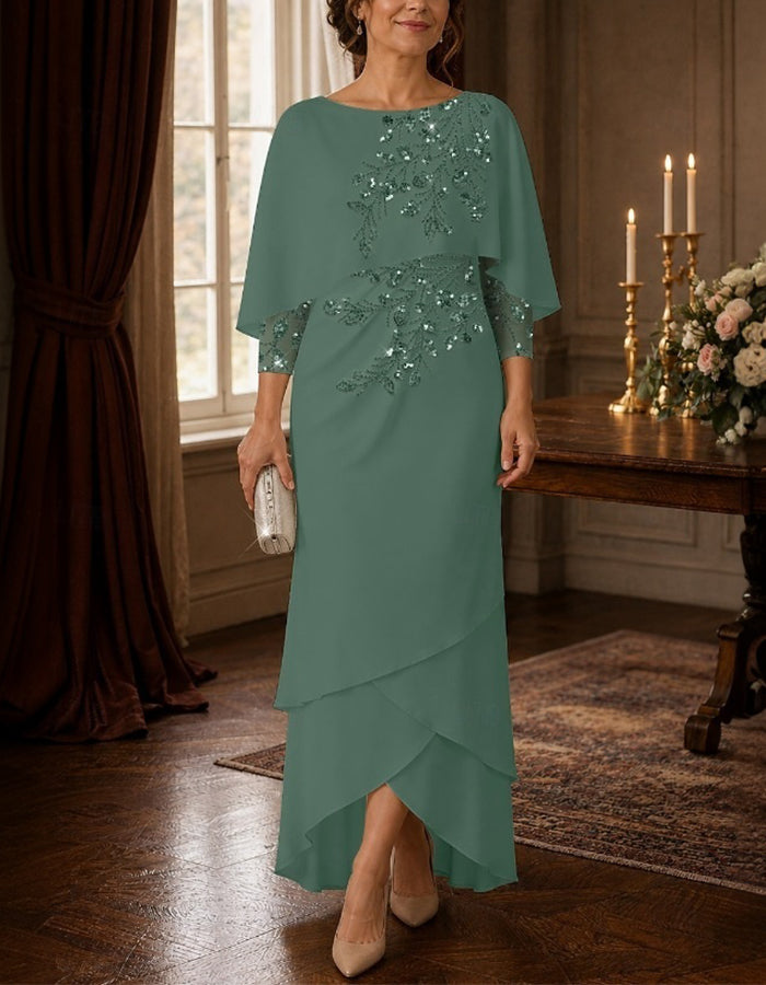 Sequin Cape Sleeve Layered Chiffon High Low Maxi Dress