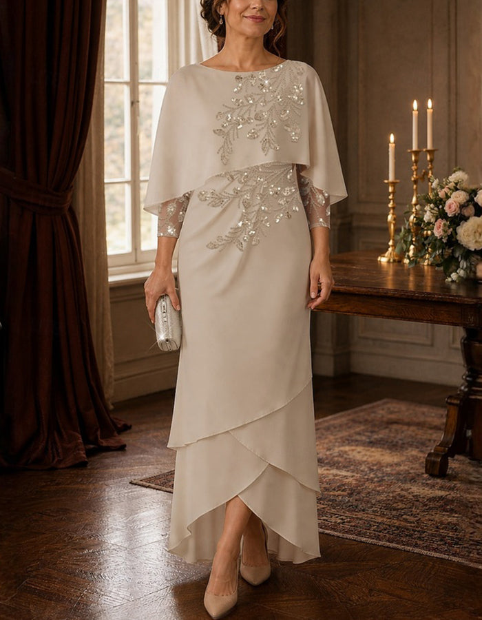Sequin Cape Sleeve Layered Chiffon High Low Maxi Dress