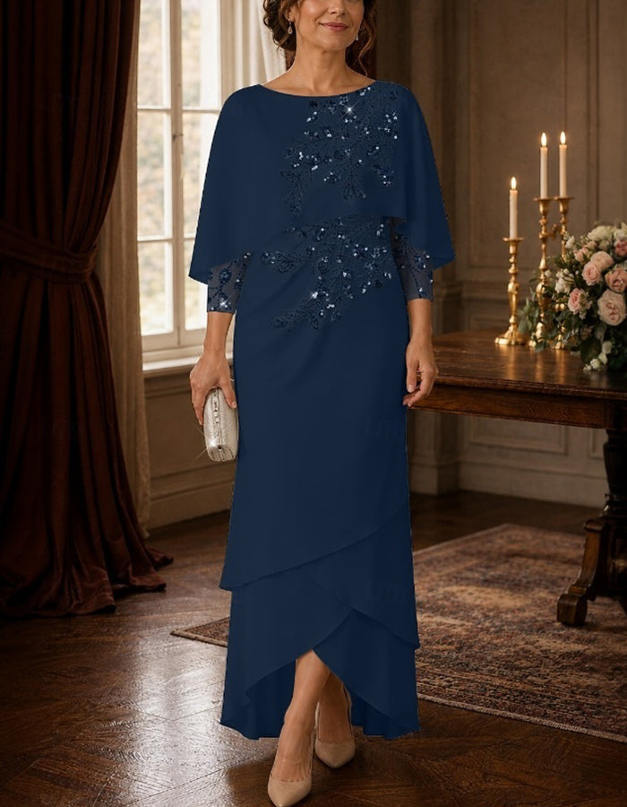 Sequin Cape Sleeve Layered Chiffon High Low Maxi Dress