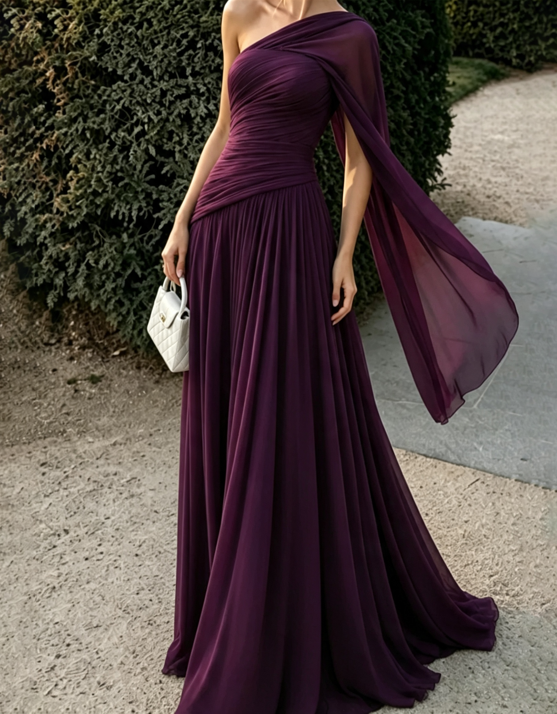 One‑Shoulder Draped Chiffon Flowy Cape Strap A‑Line Maxi Dress