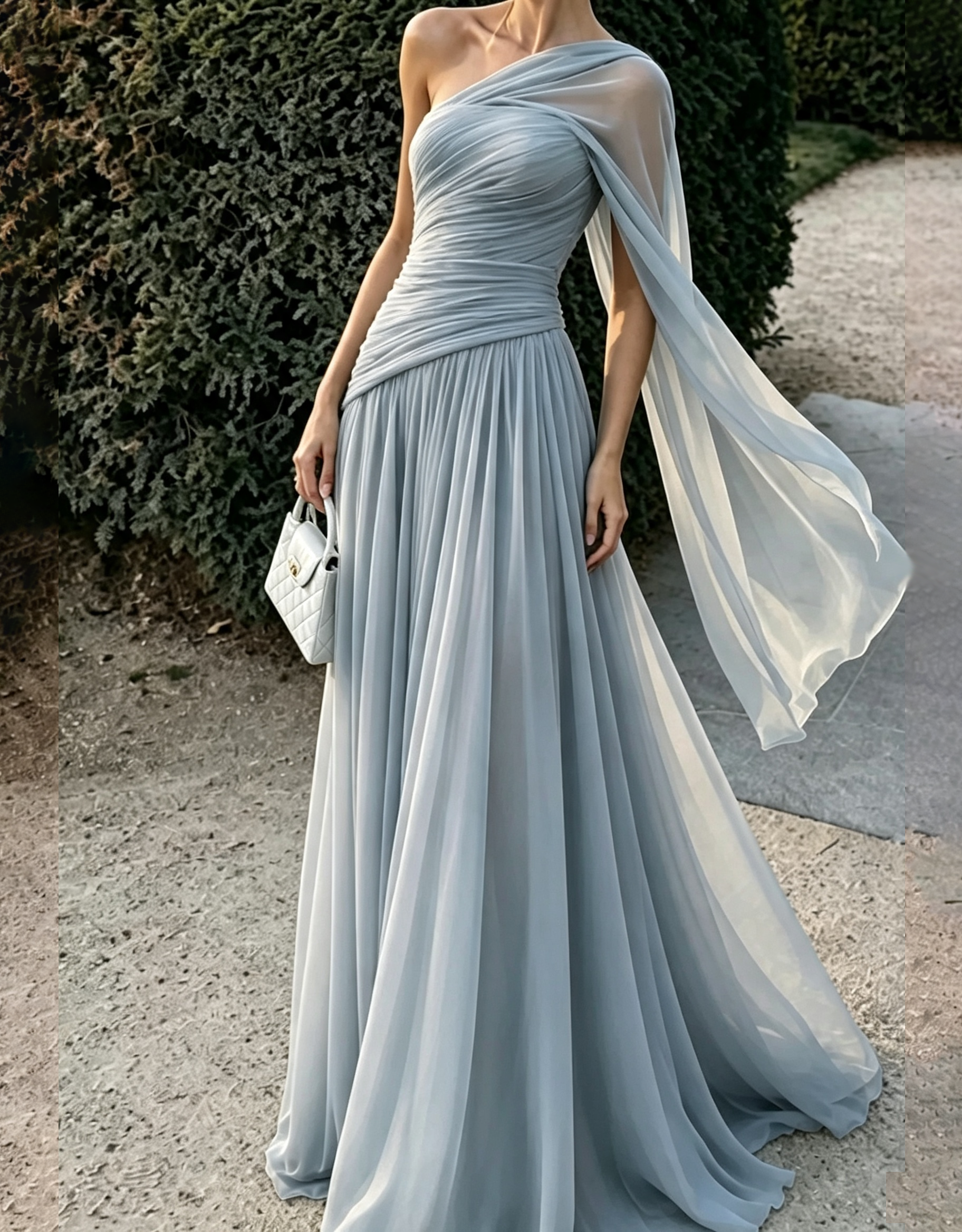 One‑Shoulder Draped Chiffon Flowy Cape Strap A‑Line Maxi Dress