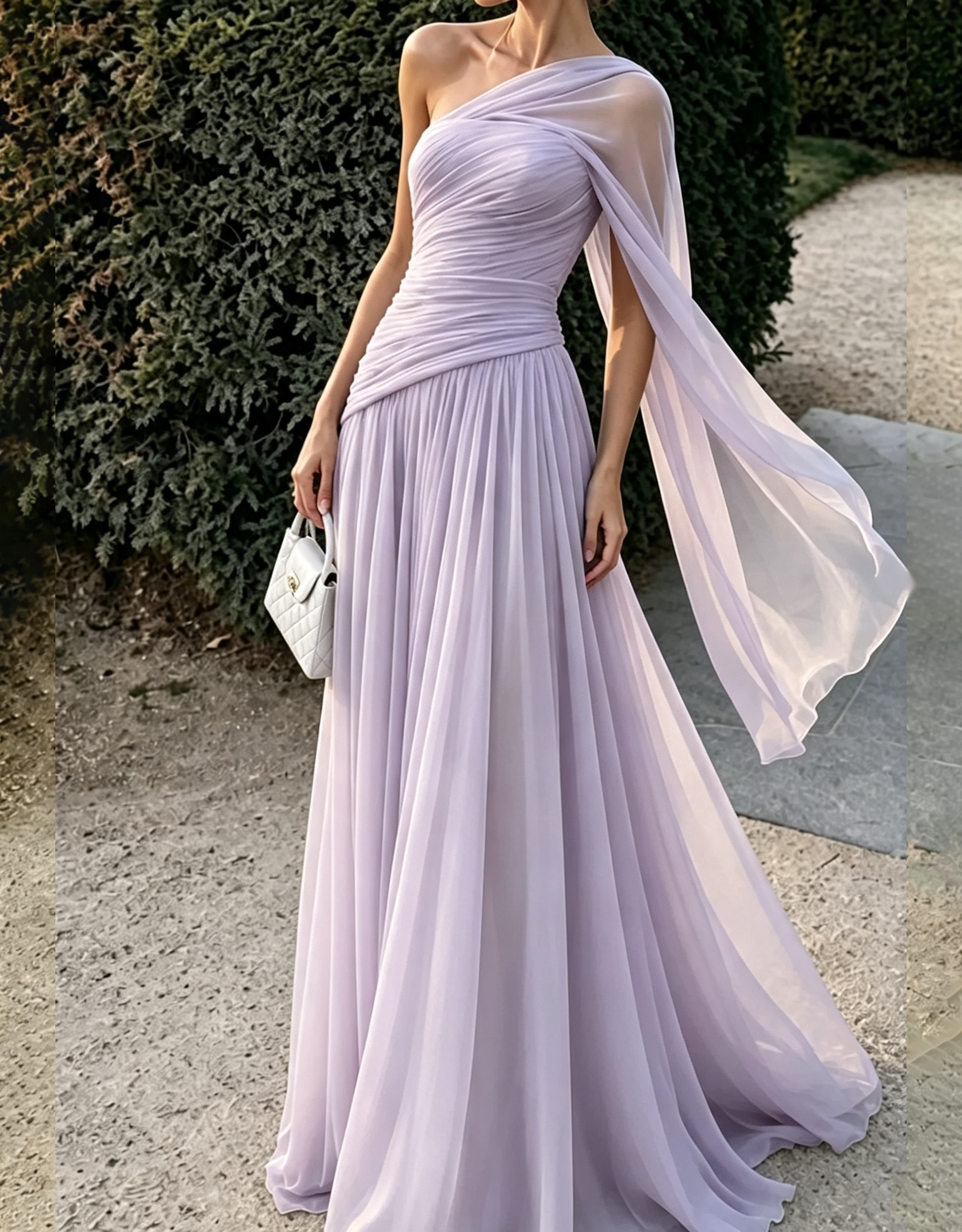 One‑Shoulder Draped Chiffon Flowy Cape Strap A‑Line Maxi Dress