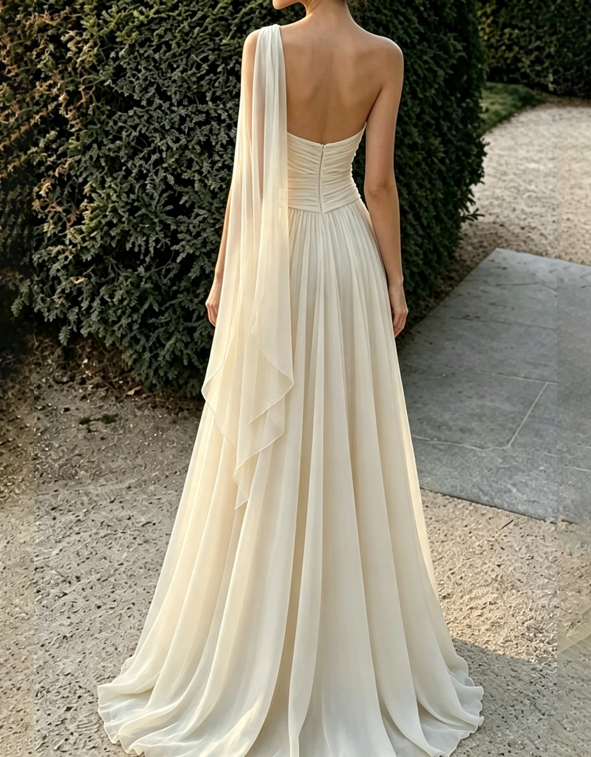 One‑Shoulder Draped Chiffon Flowy Cape Strap A‑Line Maxi Dress