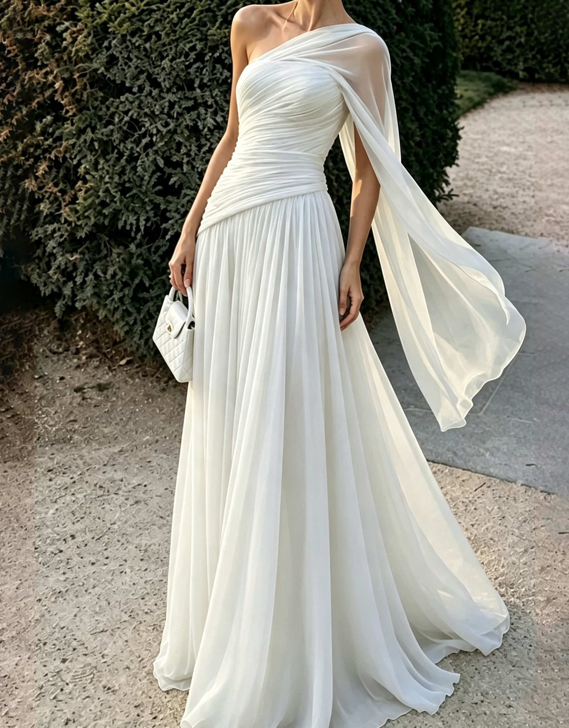 One‑Shoulder Draped Chiffon Flowy Cape Strap A‑Line Maxi Dress