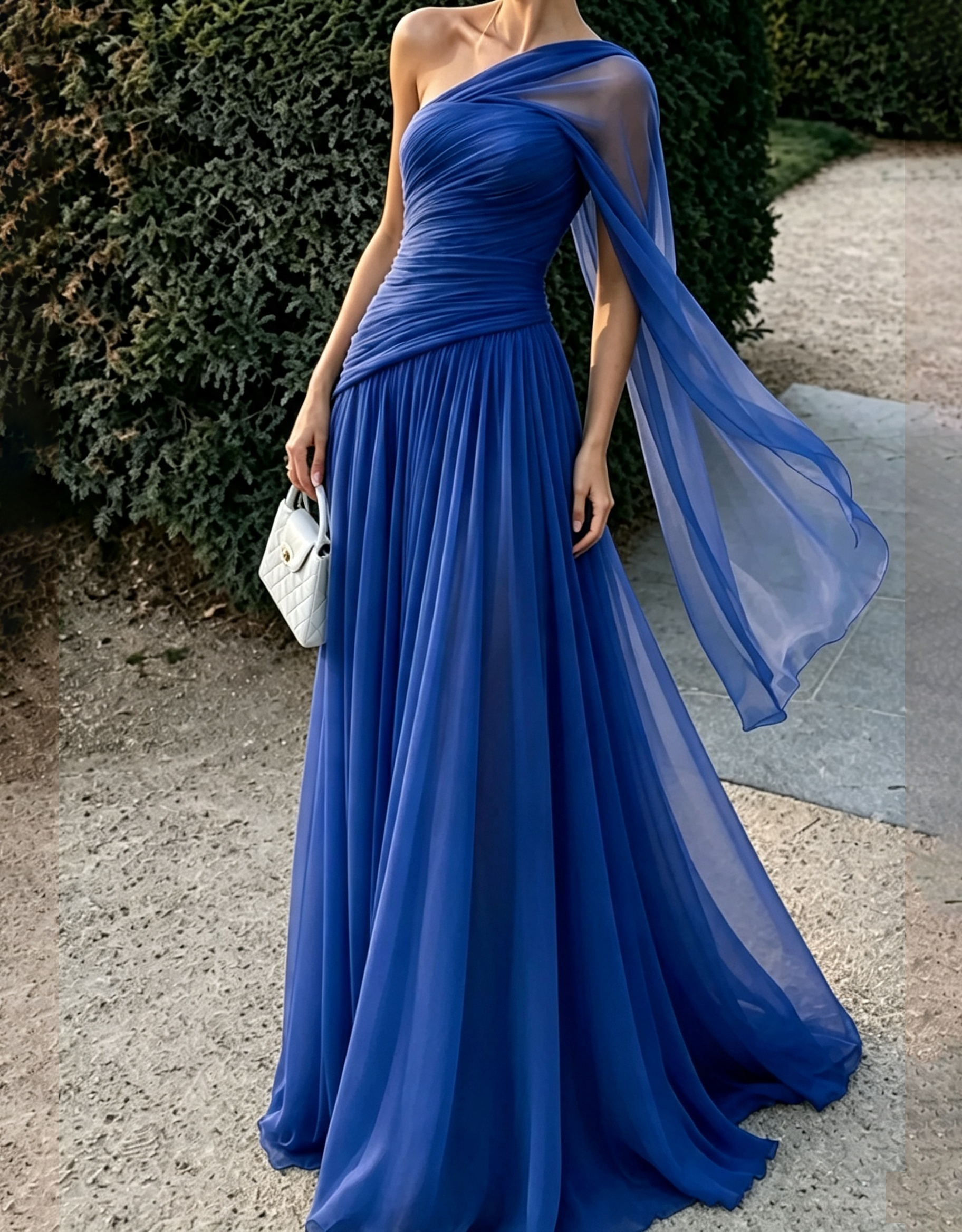 One‑Shoulder Draped Chiffon Flowy Cape Strap A‑Line Maxi Dress