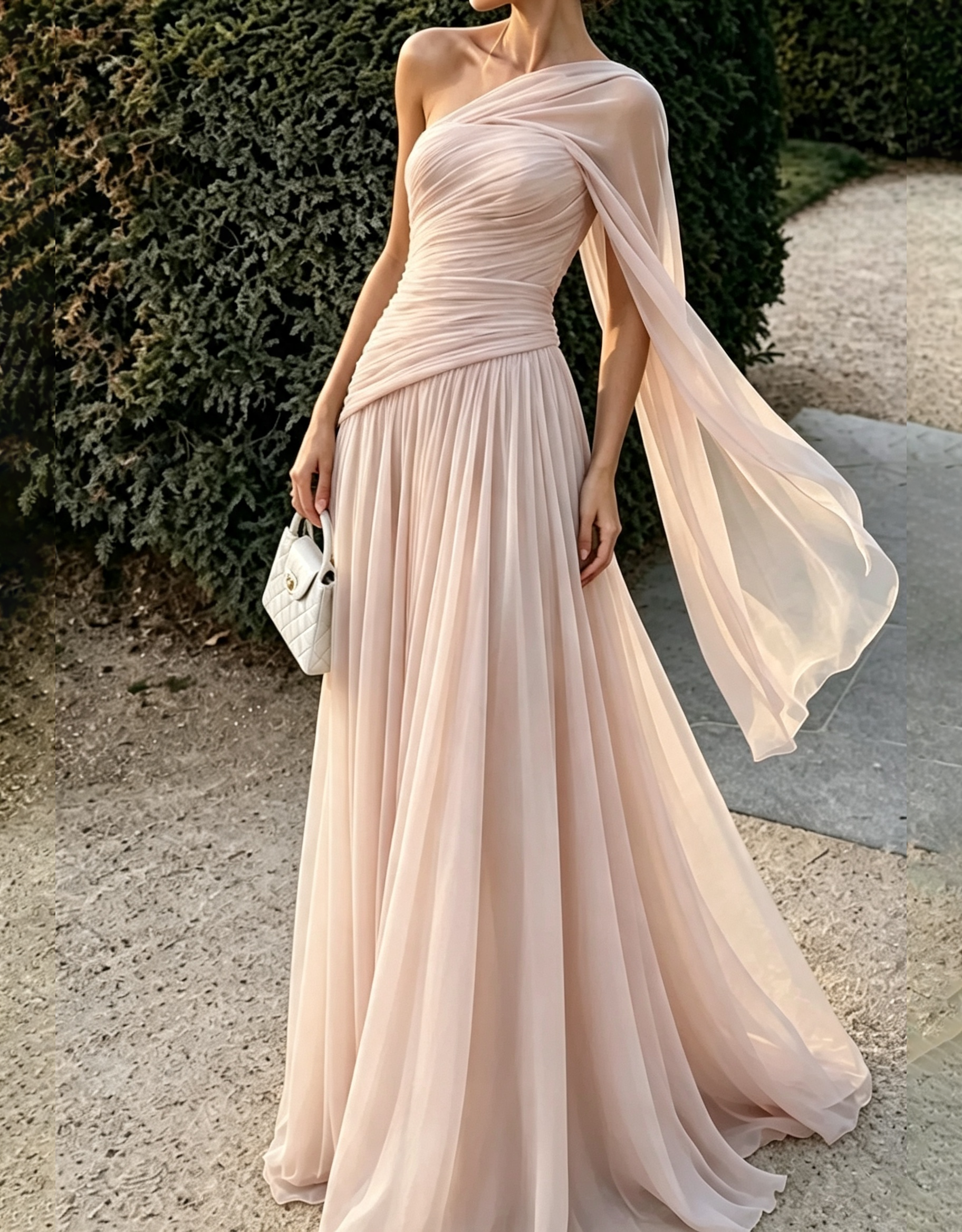 One‑Shoulder Draped Chiffon Flowy Cape Strap A‑Line Maxi Dress